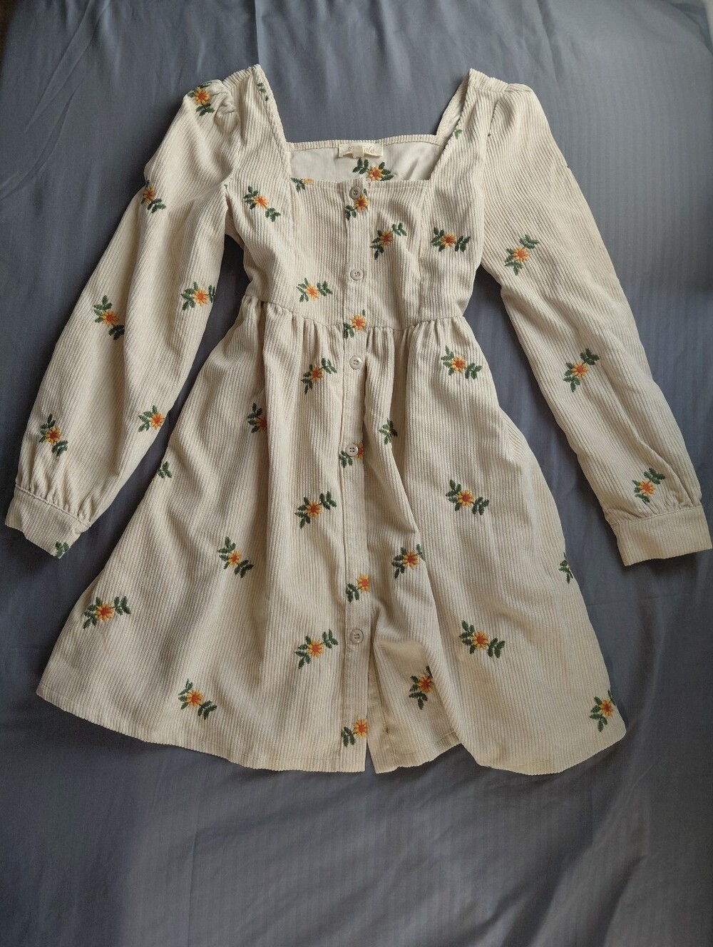 Listicle Cream Corduroy Floral Embroidered Mini Babydoll Dress Size Small